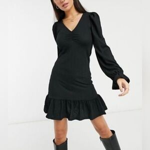 River Island long sleeve frill hem mini dress in black